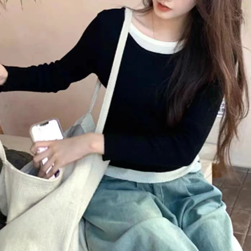 Fake Two Piece Knitted T-shirt Women Autumn Casual Slim Long Sleeve Top Bottom Shirt