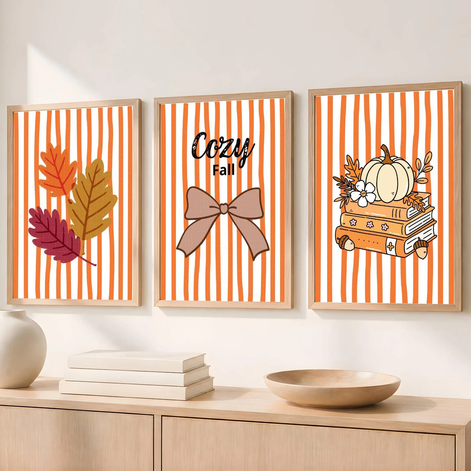 3PCS Comfortable Autumn Leaf Pumpkin Book Poster Thanksgiving Harvest Wall Art  Canvas Painting for Room Decor Fall Gift