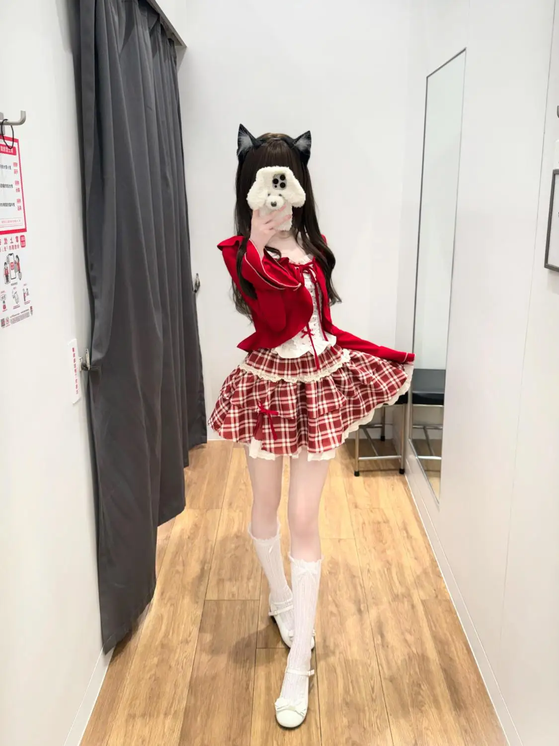 

2025 Autumn New Bow Red Tie Up Cardigan + White Vest Top + Plaid Mini Skirt Three Piece Sets Womens Outifits Ladies Y2k Suits