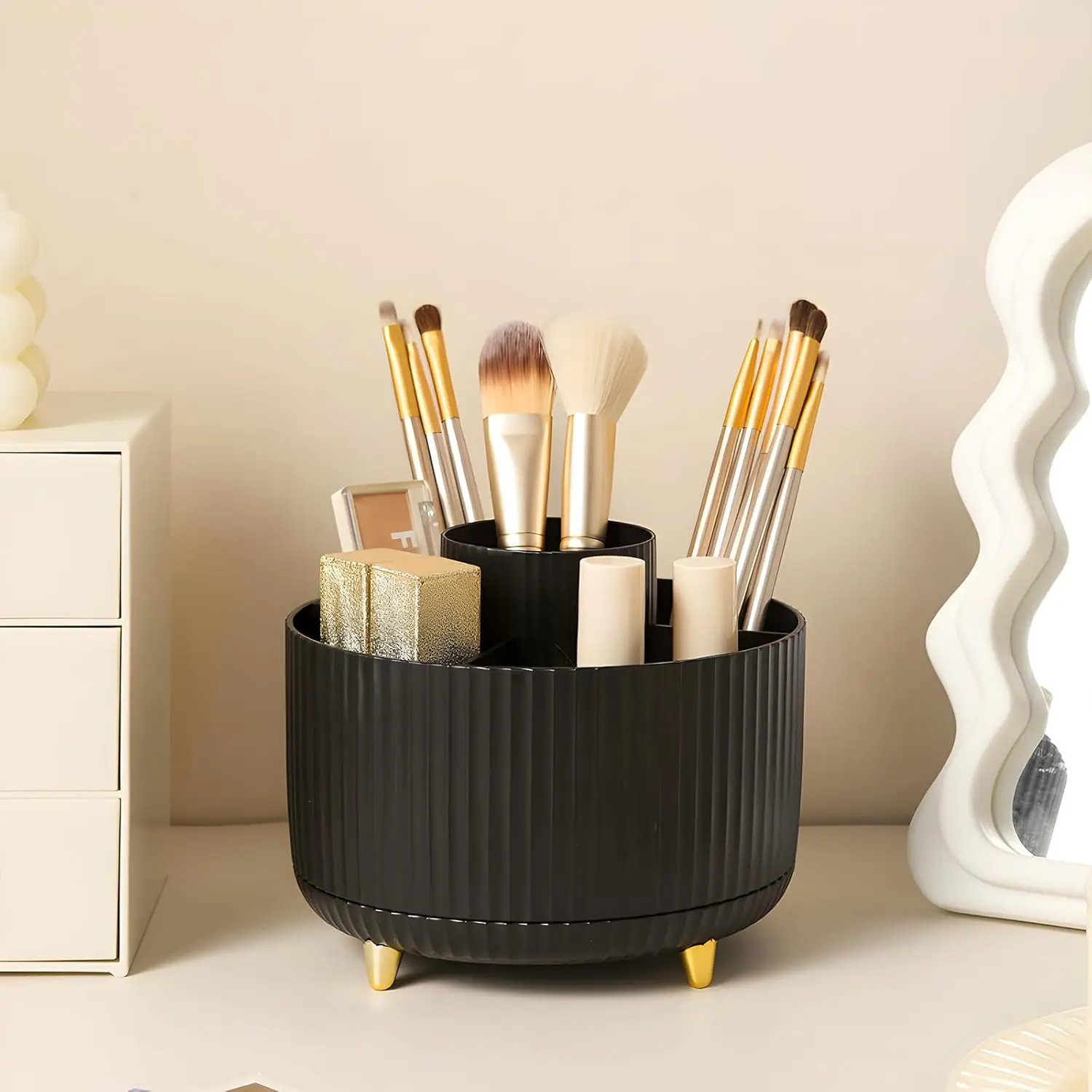 360 °   Rotierender Schreibtisch-Make-up-Organizer mit 5 Fächern, Aufbewahrungsbox für Kosmetikpinsel, Lippenstift, Augenbrauenstift, Schlafzimmer