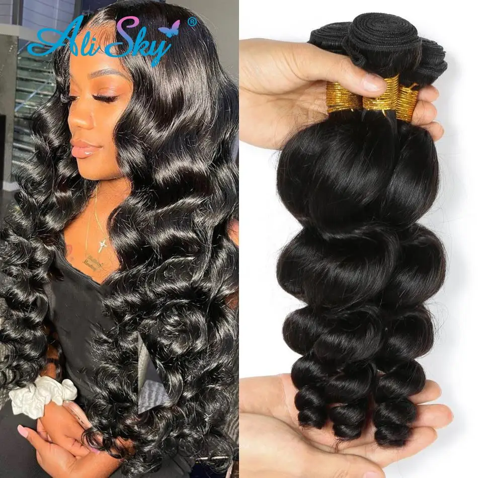 3pcs Loose Wave Bundles Brazilian Weaving Human Hairextensions Remy Hair Natural Black 8-30inch 1/3/4 PCS Soft Ali Sky Raw Hair