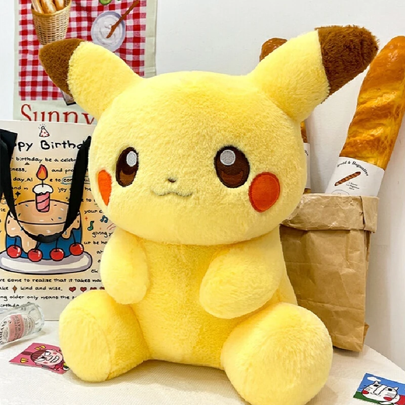

40/60cm kawaii Pokemon Chubby Pikachu Stuffed Plush Toy Rabbit Fur Sitting Pose Soft Pillow Gift For Kids Adult Birthday Holiday