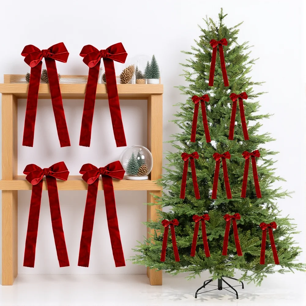 5pcs Velvet Bow Christmas Double-Layer Burgundy Bow Hanging Ornaments For Diy Christmas Tree Decorations