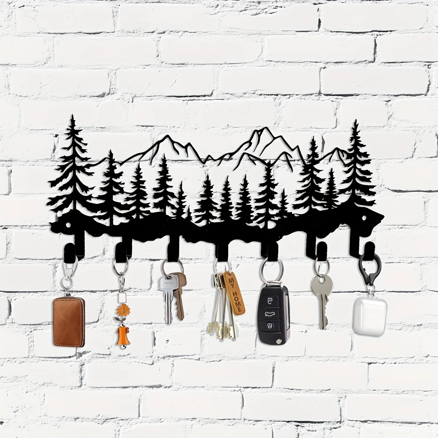 2D Metal 7-Hook Heavy-Duty Key Organizer, Mountain Peak & Pine Tree Design, Space-Saving Entryway, Kitchen, Bathroom Storage