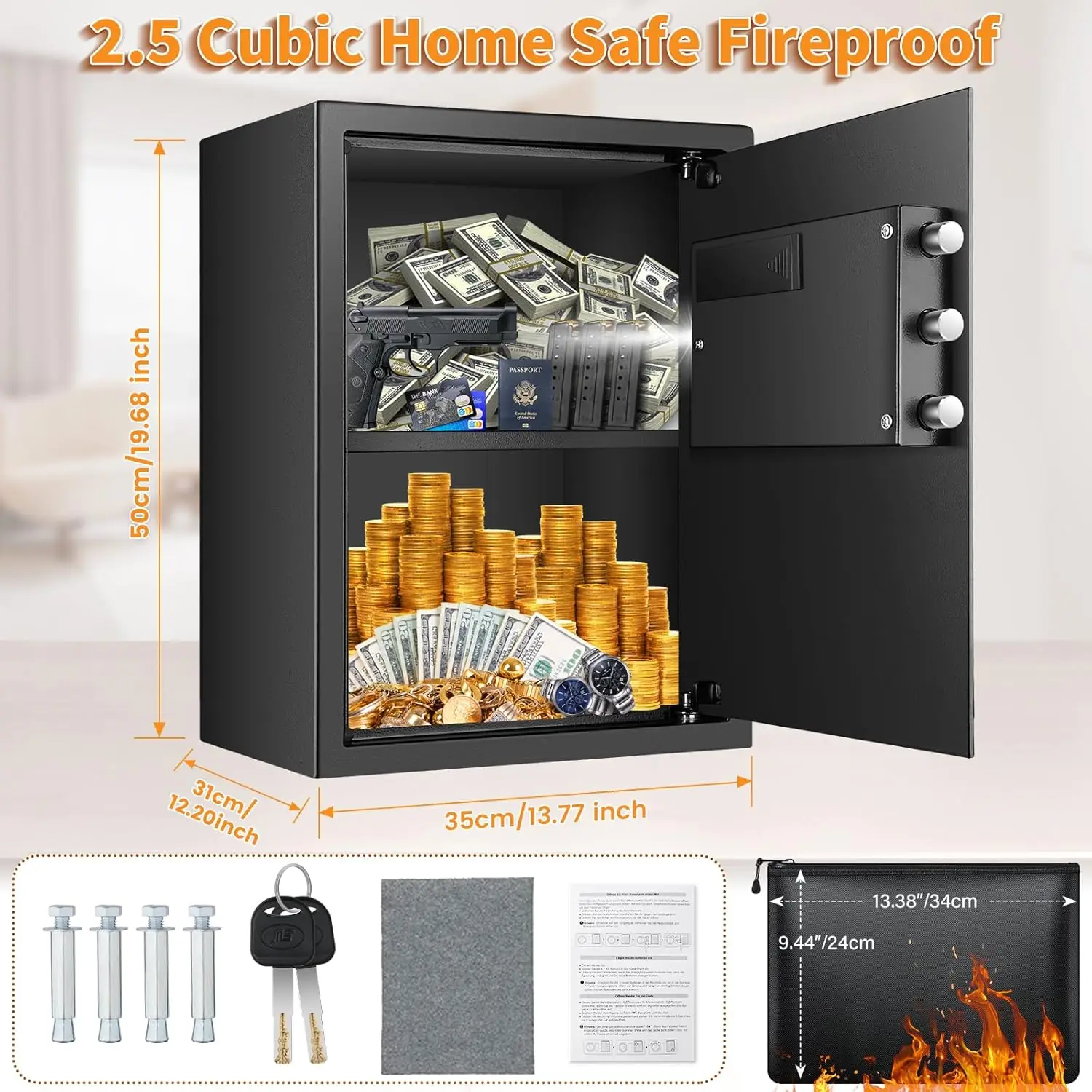 3.0 Cub Large Fireproof Safe Box for Home Use, Anti-Theft Home Safes Fireproof Waterproof, Money Safe for Home with Fireproof Ba