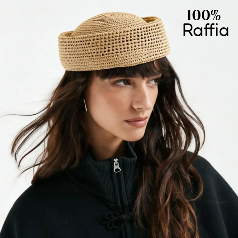 Summer 100% Natural Raffia Straw Berets Hat for Women Luxury Fashion Raffia Sailor Hat Beret Ladies High Quality Designer Cap