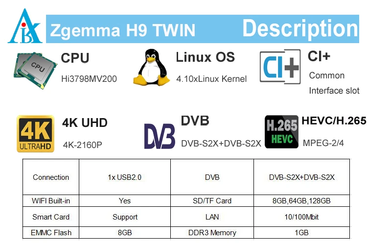 UHD 4K satellite tv receiver twin dvb s2x multi-stream tuner CA + twin CI plus zgemma H9 twin