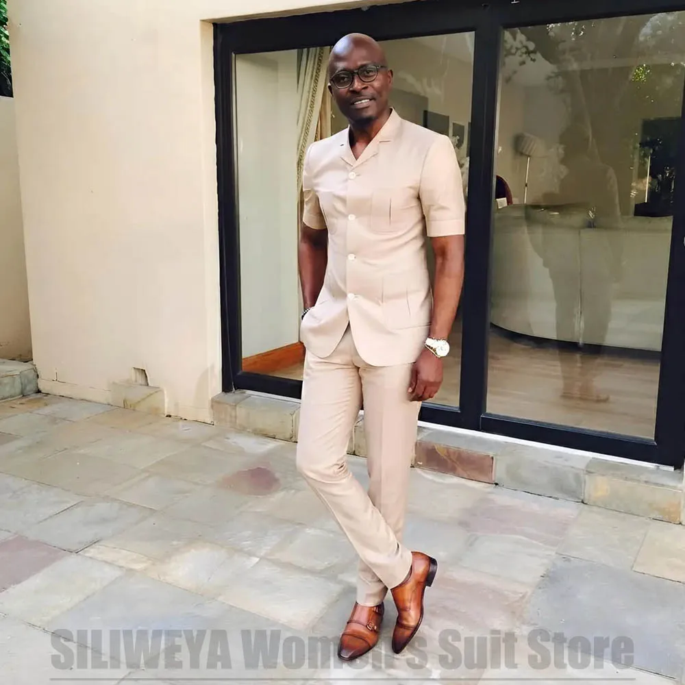 Men Short Sleeve Suit Set Notched Lapel Multiple Pockets 2 Pieces Jacket Pants Formal Wedding Party Business Casual Outfit