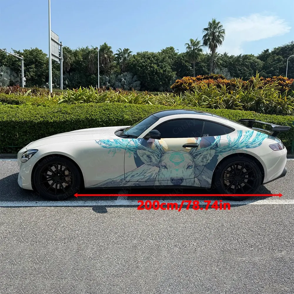 2pcs Snow Mountain Sacred Deer Cloud Car Side Wrap, Self-Adhesive PVC Waterproof & Scratch-Resistant Sticker, Car Accessory Gift