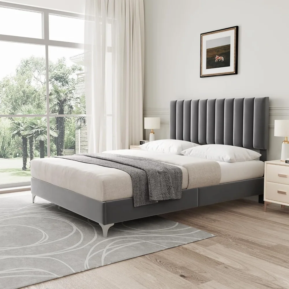

Full Size Bed Frame with Adjustable Headboard, Velvet Upholstered Platform Bed Frame with Wooden Slats Support, Customized