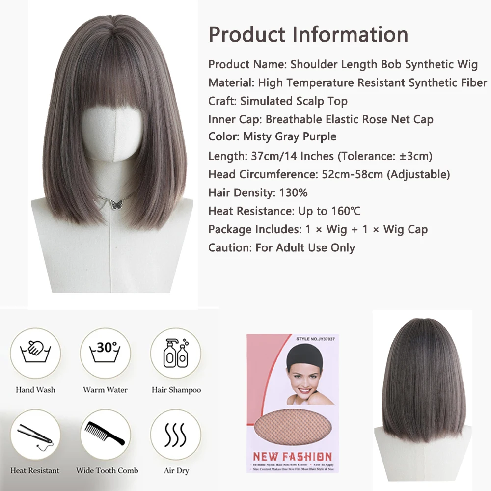 Fashion Straight Bob Wig For Asian Women Ash Gray Synthetic Hair With Bangs Versatile Wig For Daily Date Party Anime Cosplay Use