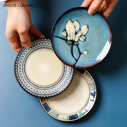 European Ceramic Cutlery Household Dishes Retro Kiln Glaze Porcelain Plate Handmade Ceramic Dinner Plates Kitchen Accessories