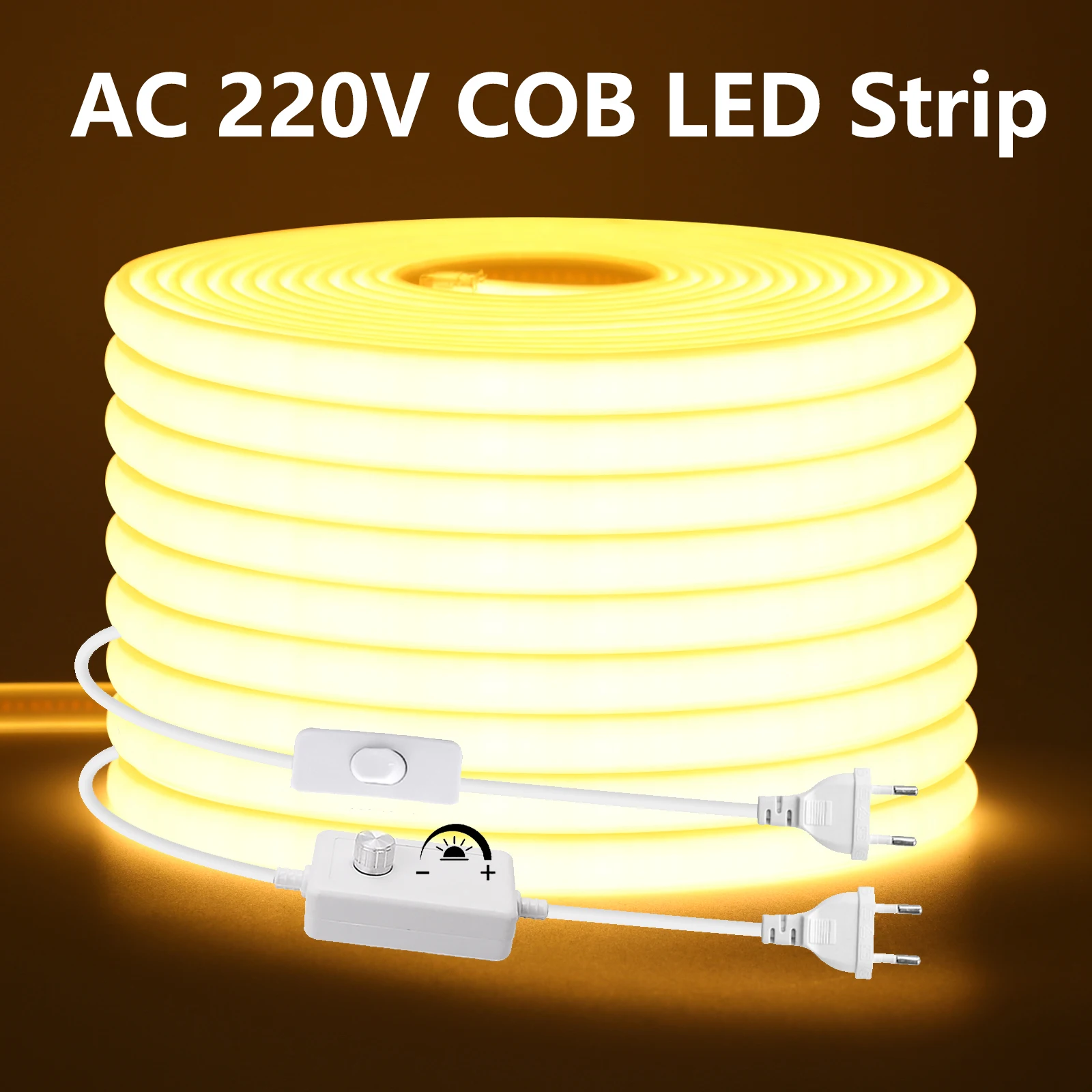 

Dimmable 220V COB LED Strip with Dimmer/Switch and Plug 288LEDs/m Waterproof RA90 Warm Natural White Flexible Tape Neon Strip