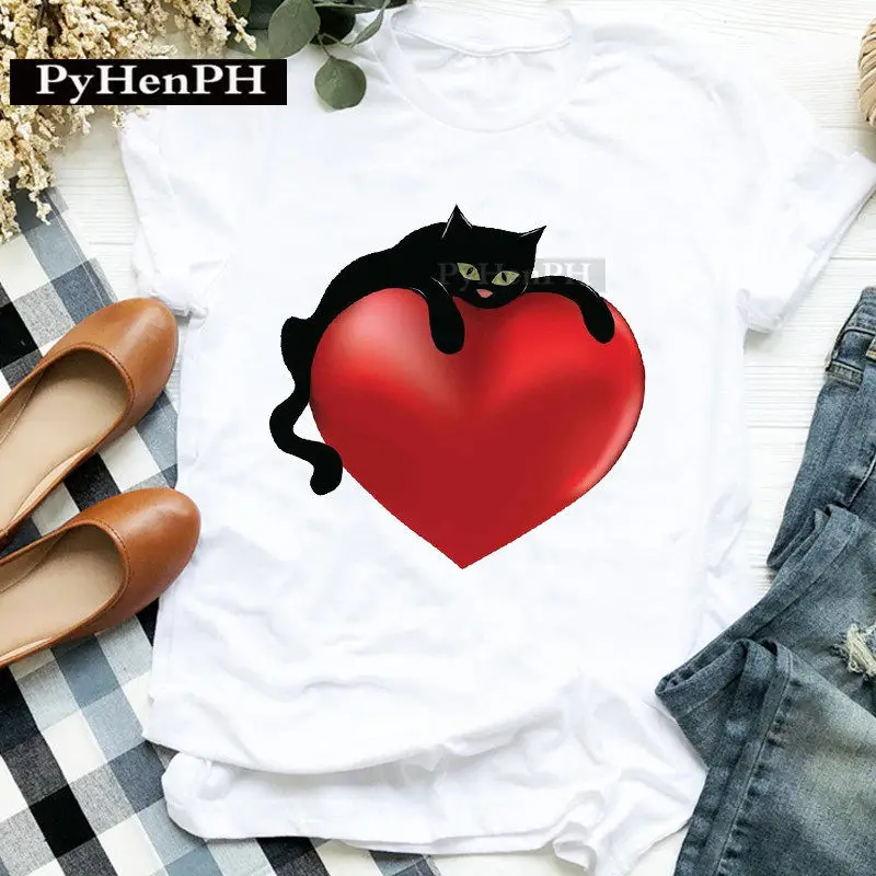Fun Black Cat Pattern Pure Cotton Printed Children's T-shirt New Fashionable Parent-child Outfit Round Neck Personalized T-shirt