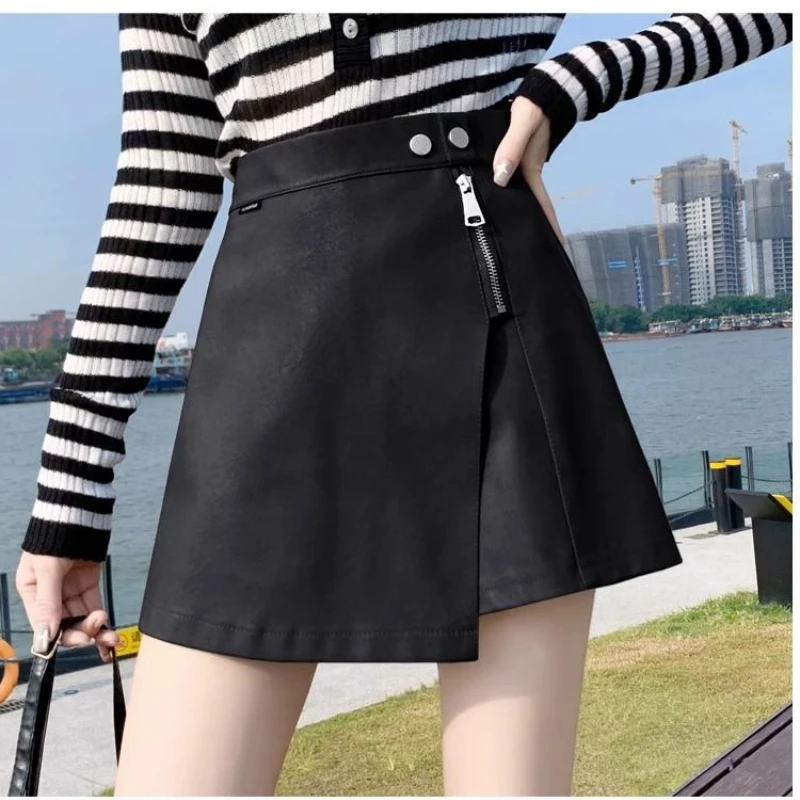Einfachheit Mode Herbst Neue Frauen Solide Zipper Taste Unregelmäßigen Koreanische Beiläufige Hohe Taille Schlank A-line PU Leder Shorts Röcke