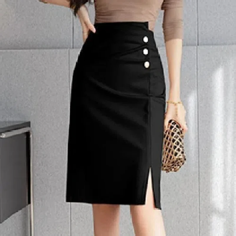 

New Spring and Summer Women's Solid Colors High Waist Zipper Slim Bag Hip A-Line Button Folds Fashion Casual Commuter Skirt