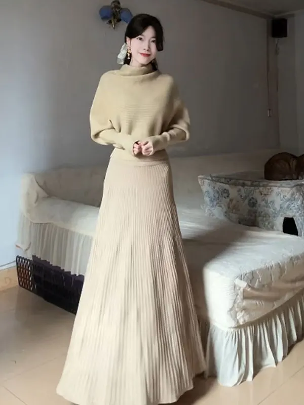 

Комплект из мягкой трикотажной кофты и юбки в корейском стиле, осенний модный костюм-двойка, удобный, с длинным рукавом, с высоким воротником