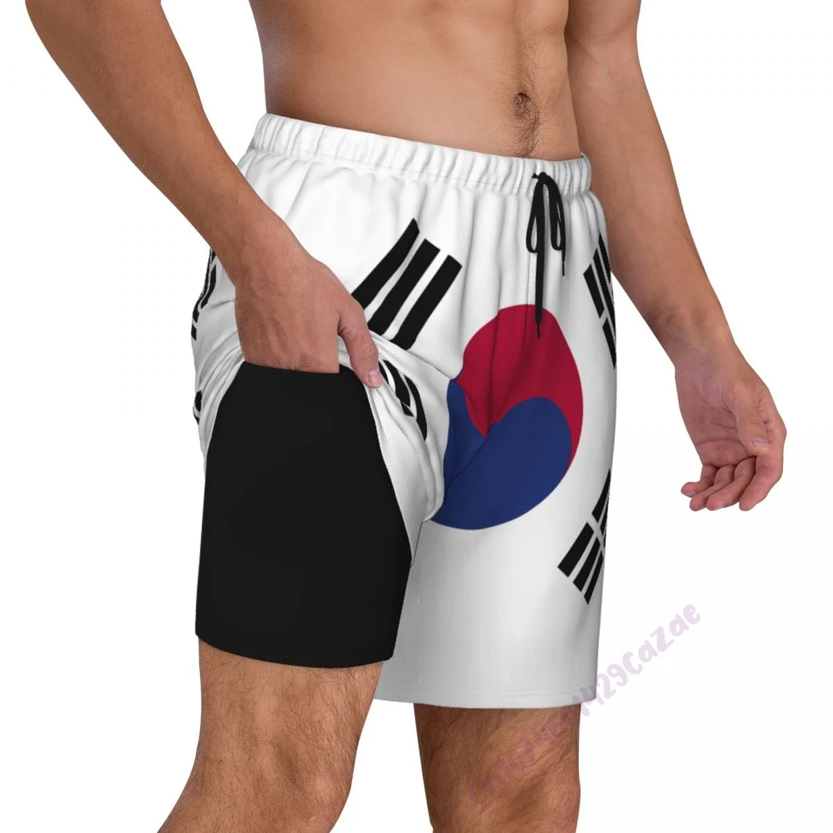 South Korea Flag 3D Mens Swimming Trunks With Compression Liner 2 in 1 Quick-Dry Summer Swim Shorts With Pockets