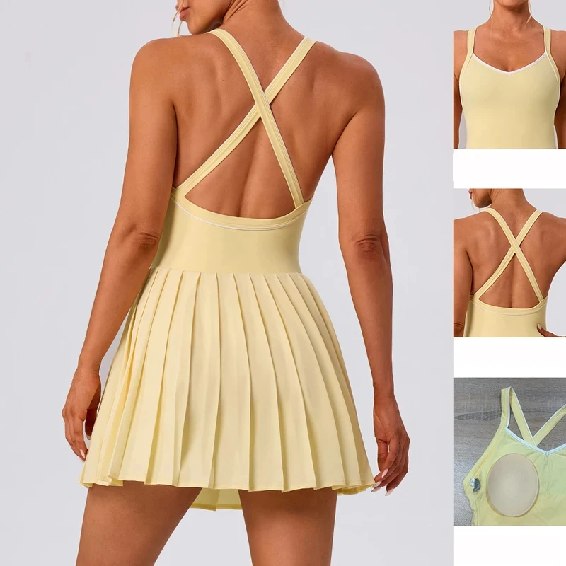 SharpStar Women's Pleated Tennis Dress with Shorts Moisture-wicking Badminton Dress with Chest Pad Athletic Sports Outfit