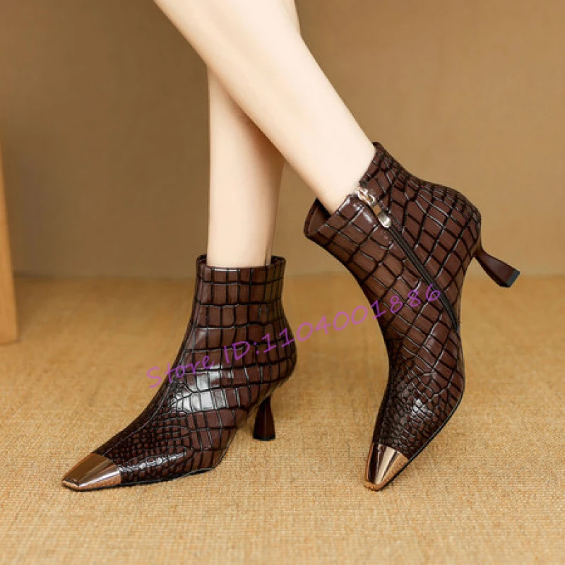 الخريف الشتاء الرجعية أشار تو أحذية بوت قصيرة موضة مثير المعادن تصميم الجانب سستة عالية الكعب مأدبة الحفلات النساء الأحذية المرنة #3