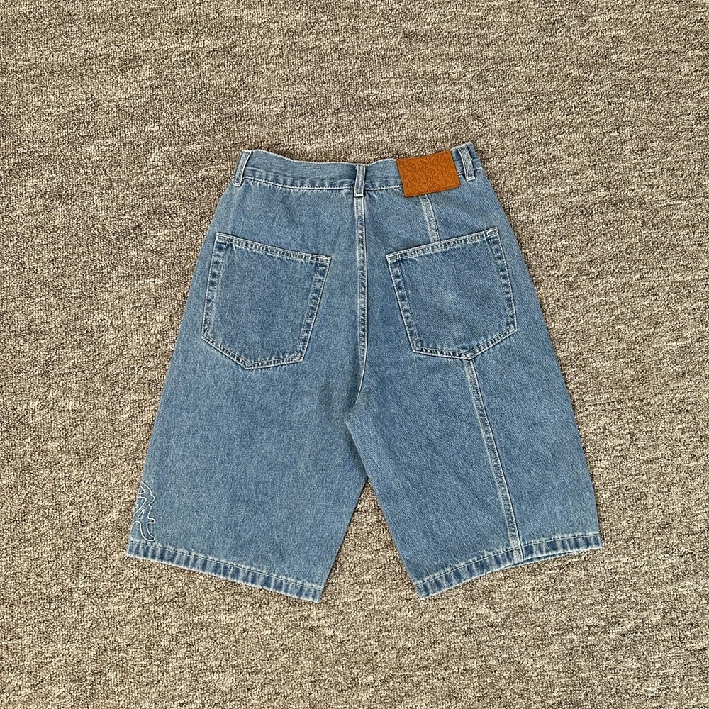Streetwear New Summer Letter Embroidery Denim Shorts Mens Straight Blue Washed Baggy Knee Length Jeans Pants Oversized