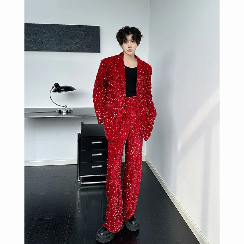 Red Black (Jackets + Pants) Men Suit Sets Dress Blazer Stage Show Shiny Clothing Plain Color Long Sleeve Suit Jacket with Pants