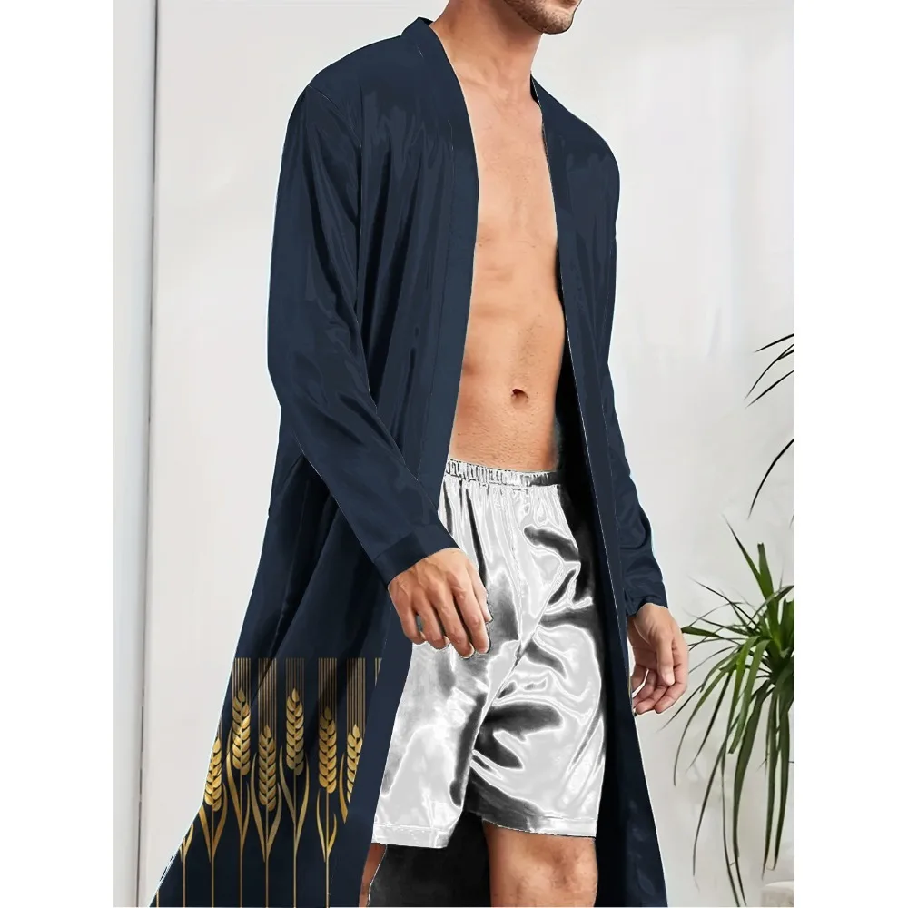 New men's long robe with quick drying trend, fun digital printed nightgown for home entertainment and leisure.