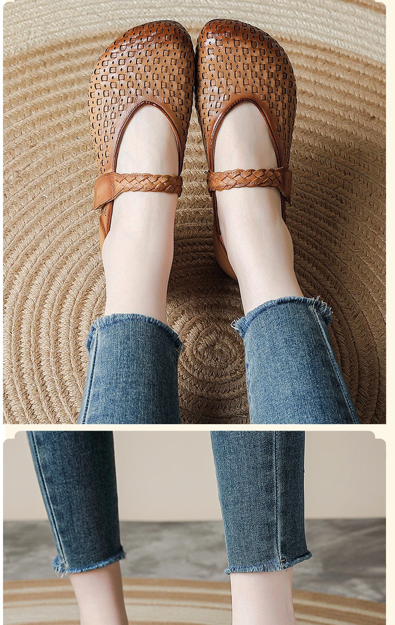 Retro-Kunst-Ästhetik Echtleder Mary Jane Flats Damen Premium Rindsleder Geflochtene Schuhe Elegante Mokassins Vintage-Schuhe – Detail 9