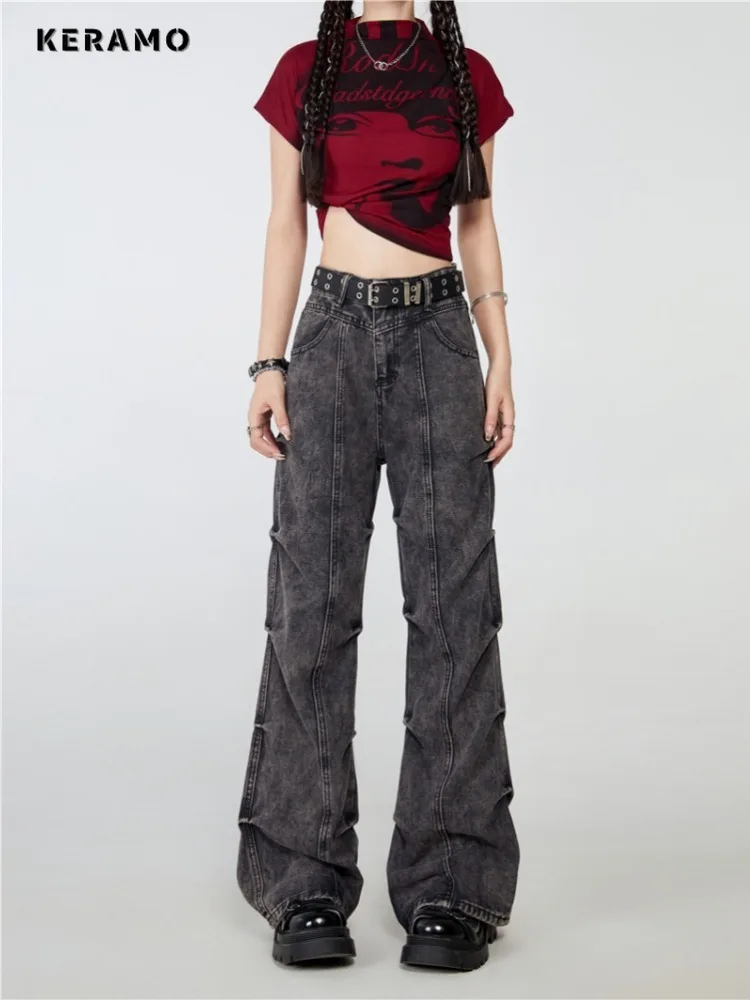 

American Vintage High Waist Folds Grunge High Street Jeans Women's Casual Retro Pants Baggy Y2K Wide Leg Washed Denim Trouser