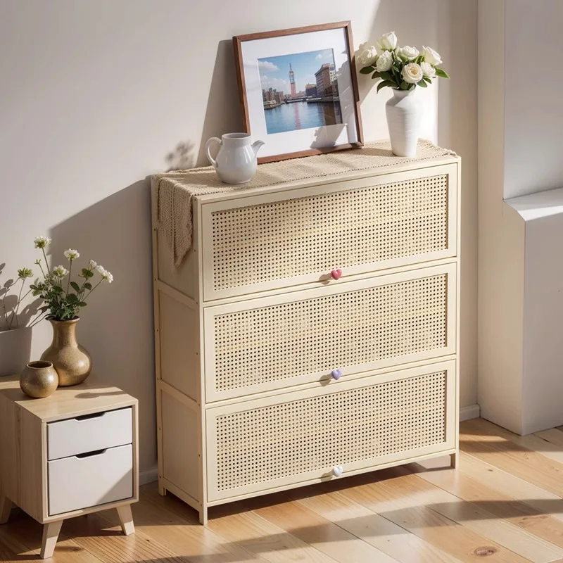 New Cream Wind Dopamine Shoe Cabinet Household Simple Door Multi-layer Dust Storage Shoe Rack Small Narrow Bamboo