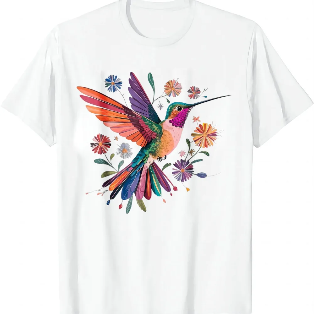 Colorful Hummingbird Wildflowers Botanical Bird Illustration T-Shirt Graphic T Shirts Summer Casual T Shirt Camiseta Streetwear