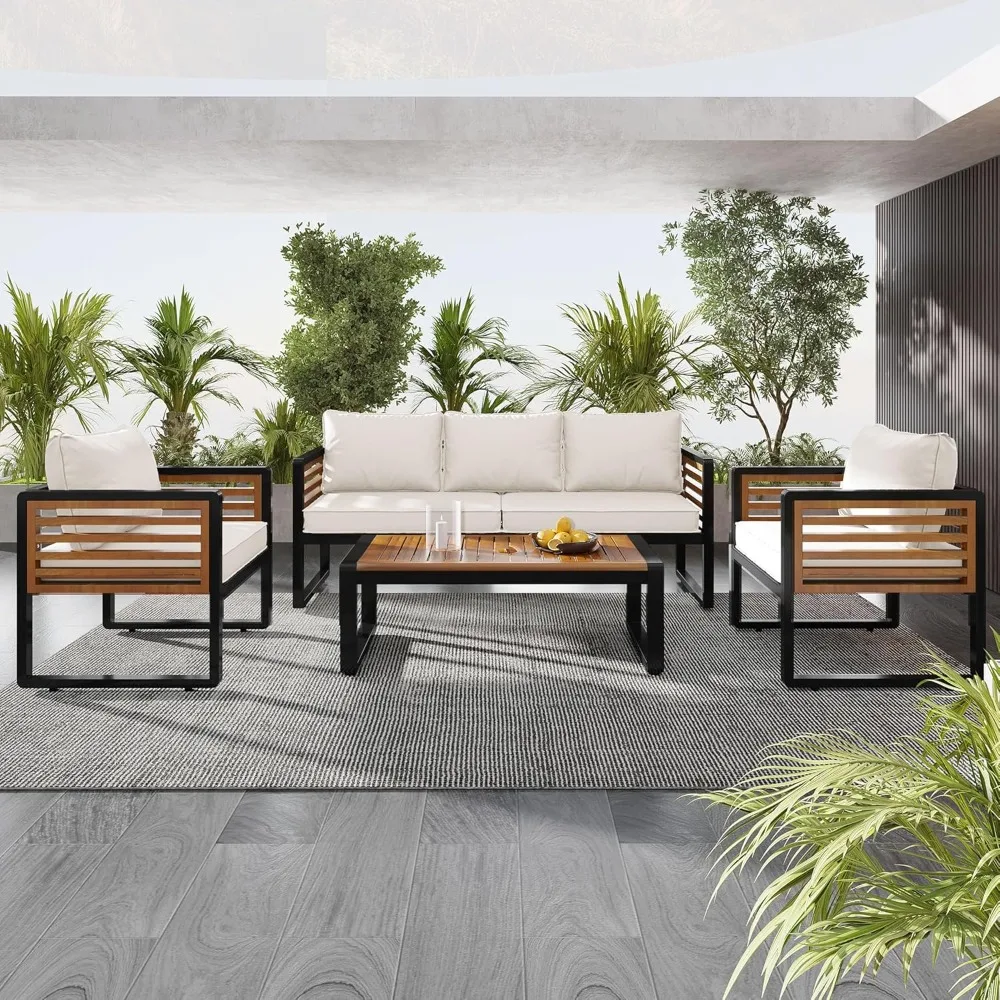 4-Pieces Outdoor Patio Sectional Sofa Set with Table, All-Weather 5 Person Conversation Set with Thick Cushions and Pillows image 2