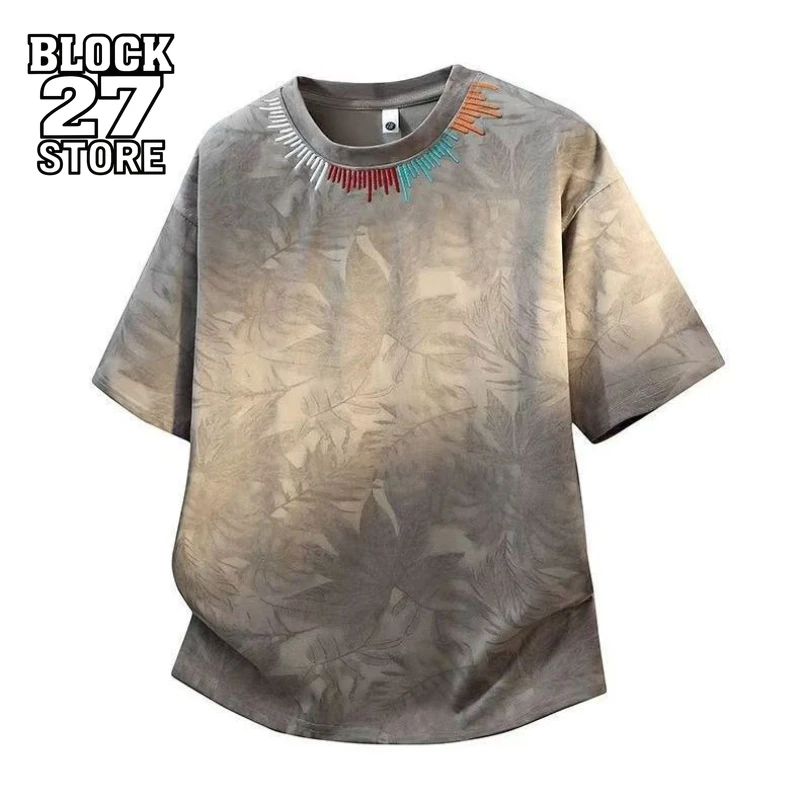 Mens T Shirt Tie Dye Embroidery Summer Tee Harajuku Unisex Loose Fit Crew Neck Casual Streetwear Vintage Fashion Trend Arrival