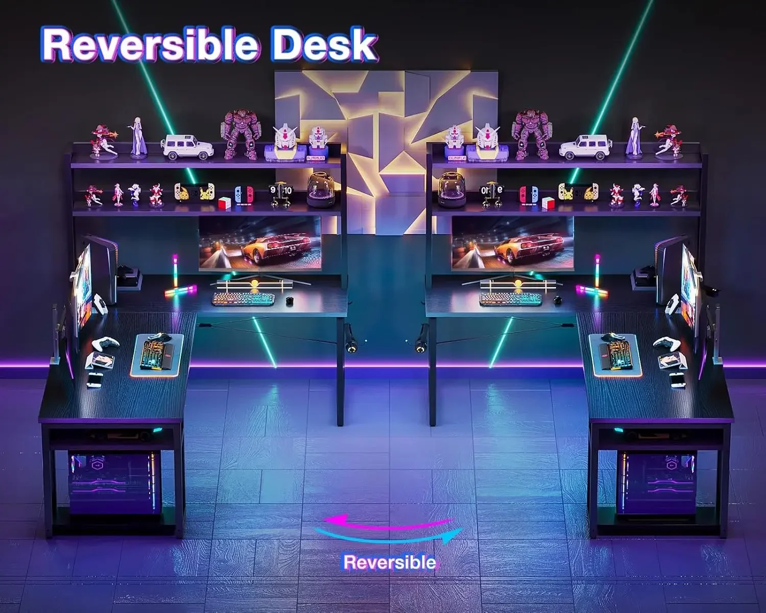 L Shaped Gaming Desk with Hutch, Computer Desk with Storage Shelves, 66" L Shaped Desk for Home Office