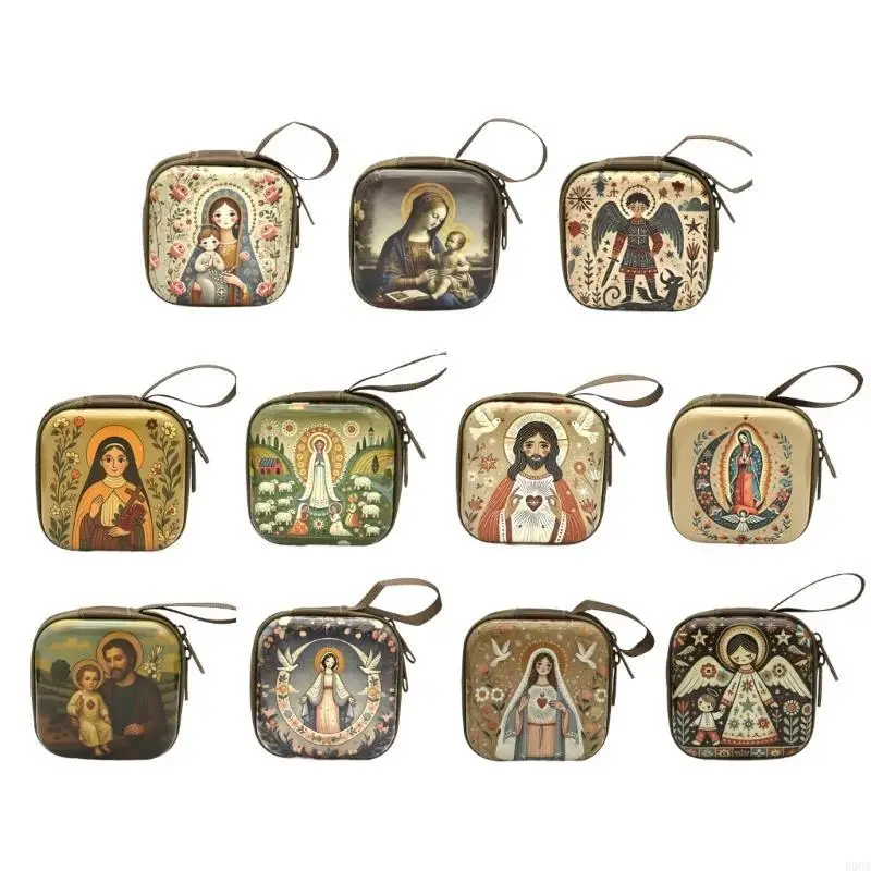 Religious Jewelry Storage Box Catholic Rosary Pouch Coin Purses with Zippers Closures Portable Headphone Bag for Women Men