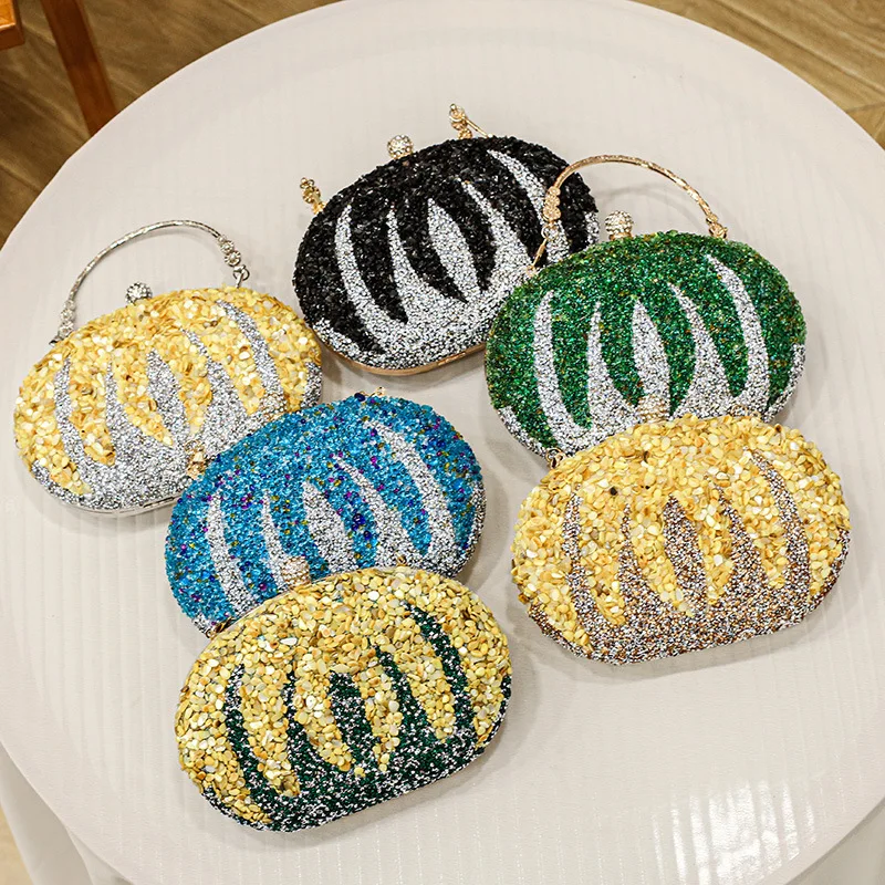 Fashion Pumpkin Handbag Women's Banquet Bag Diamond Shinny Oval Shoulder Bag Fashion Evening Party  Bag