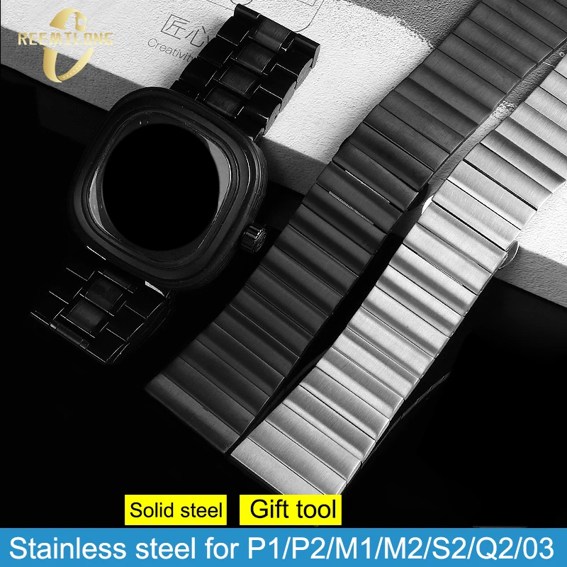 Stainless steel watch strap 28mm big size refined metal horizontal stripe silver black men's watchband For Seven Friday P1 P2 M1