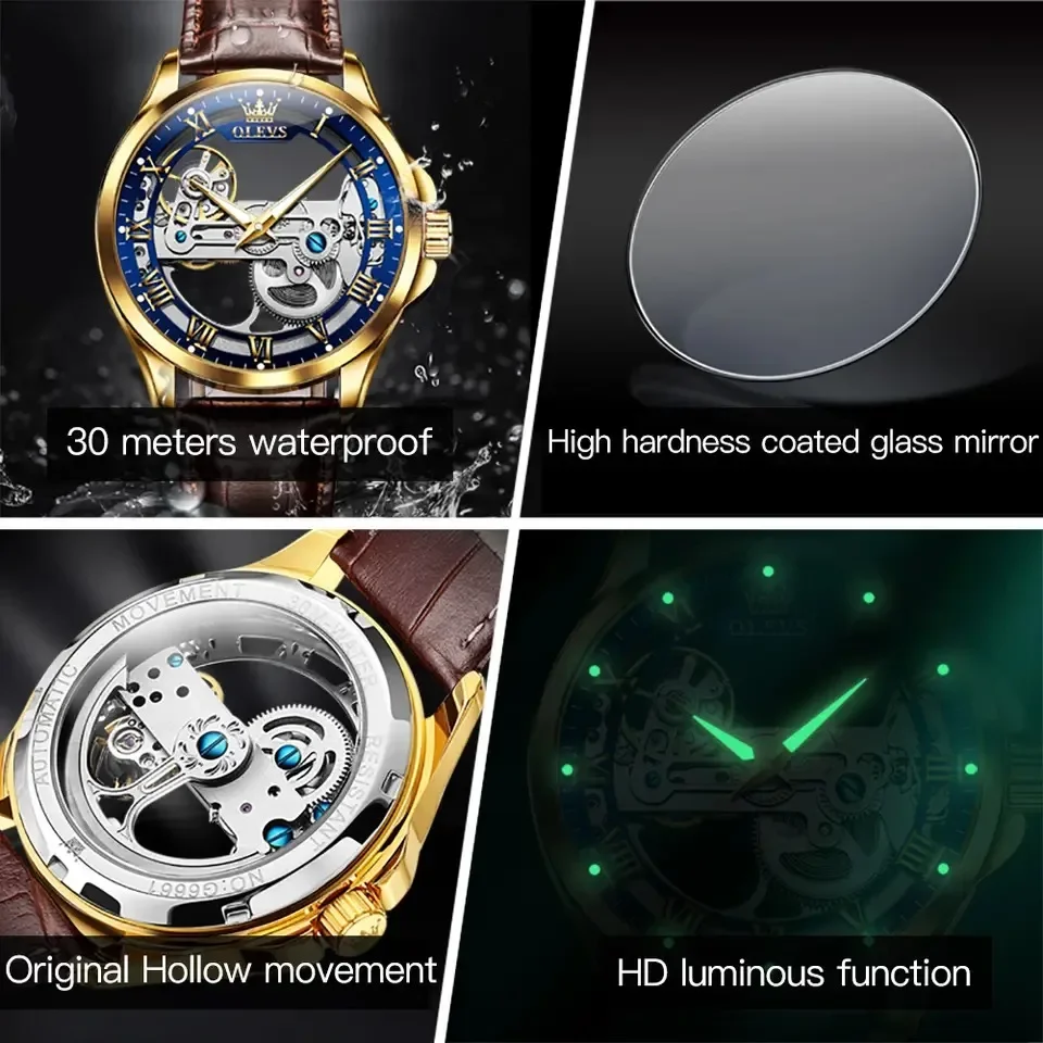 OLEVS Luxury Automatic Mechanical Watch for Men Skeleton Dial Leather Strap Waterproof Luminous Fashion Business Man Wristwatch