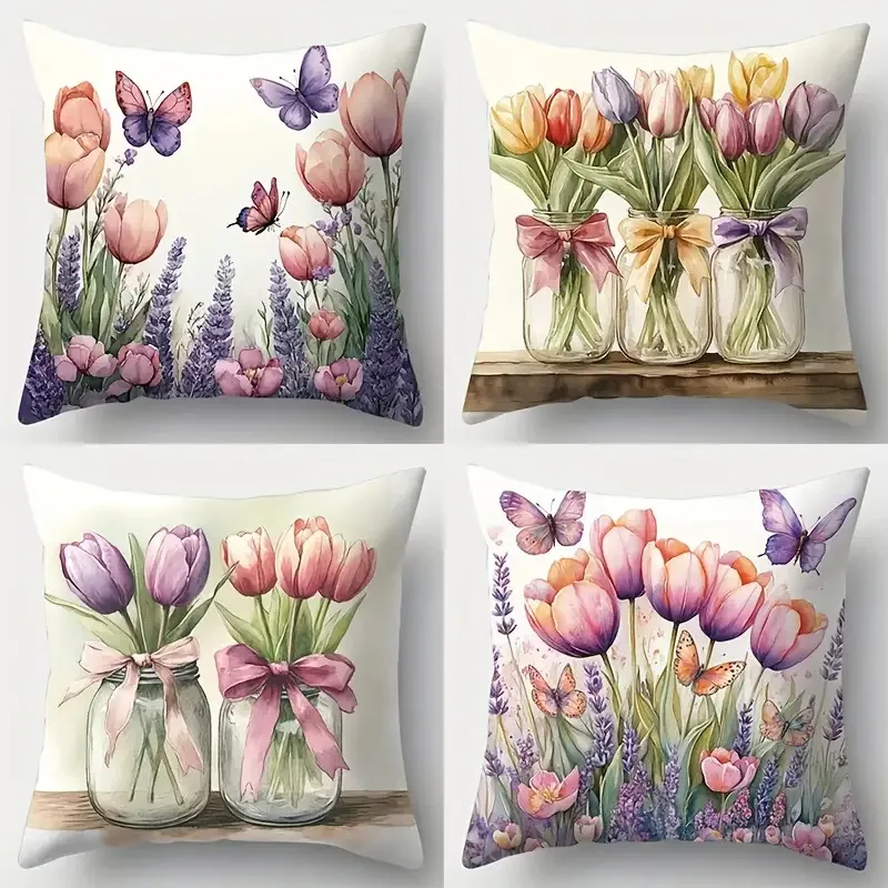 

Чехол для подушки с цифровой печатью в стиле тюльпанов и бабочек, короткий плюш, подходит для гостиных, спален, диванов, декоративных подушек.