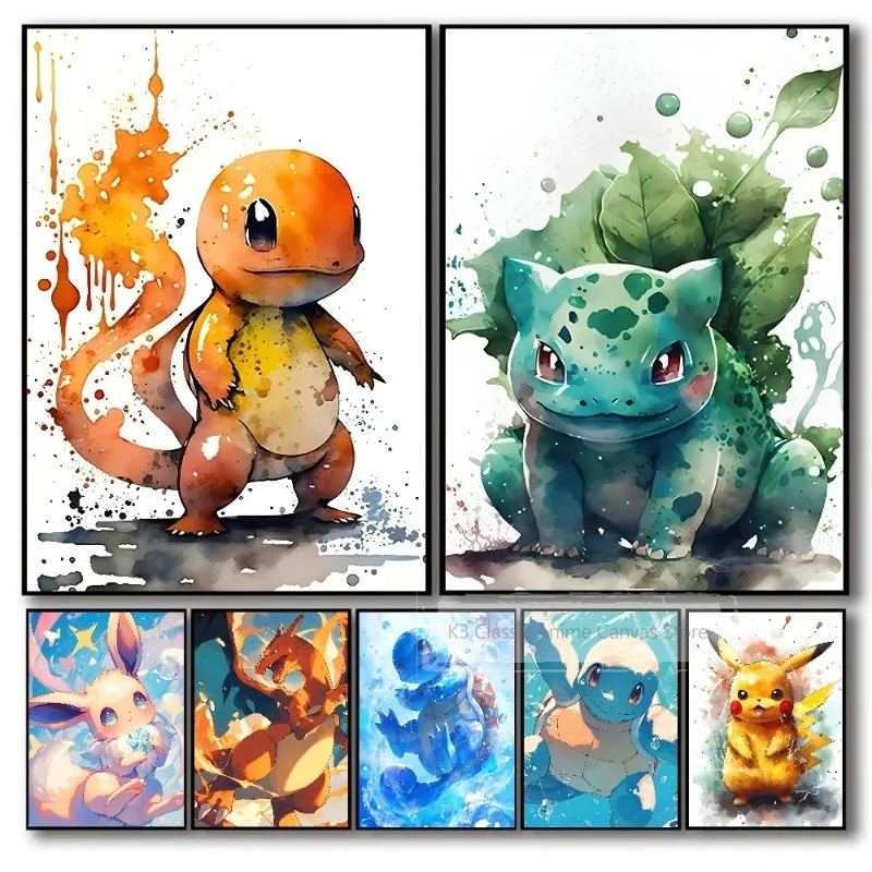Pintura en lienzo de Pokémon de Anime BulbasaurCharmander Squirtle, póster e impresión de acuarela, imagen de arte de pared, decoración del hogar, regalos para niños
