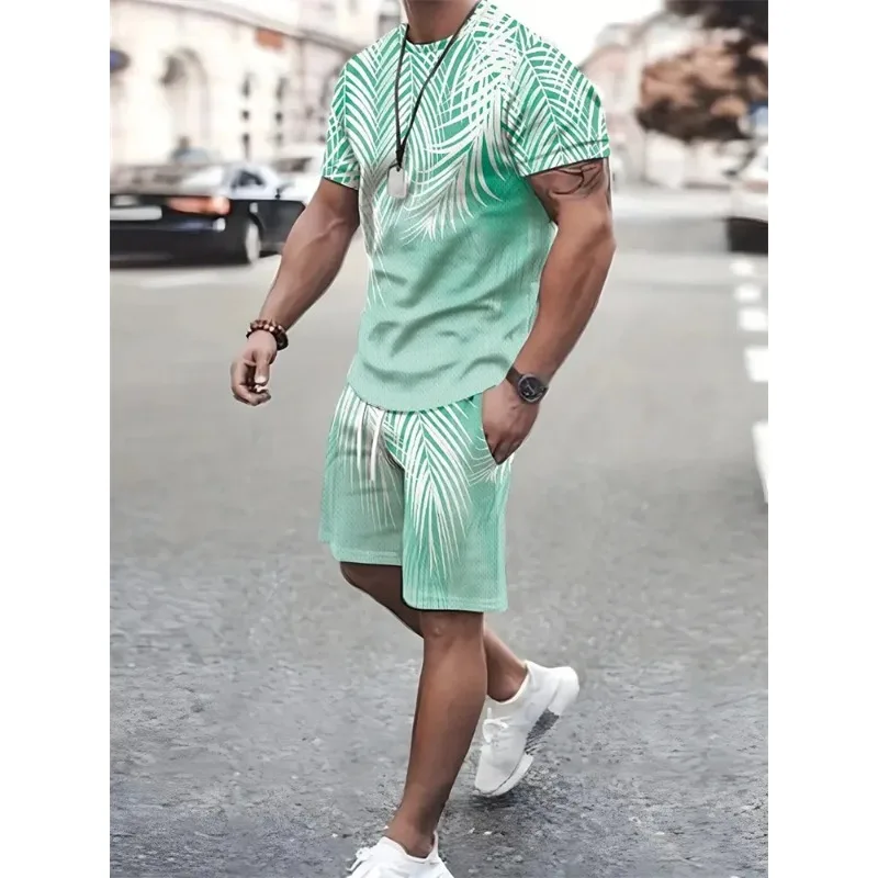 2025 High Quality Street Men's 3D Short Sleeve Loose Top Gradient Coconut Print Style Summer Fashion T-shirt Shorts Set