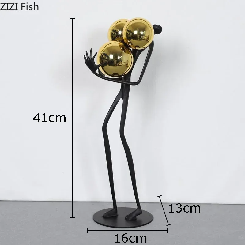 Minimalist Black Matchstick Men Ornaments Golden Ball Decorative Character Statue Desk Decoration Abstract Figure Sculpture