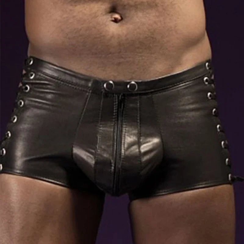 

Sexy Lingerie Hot Mens Latex PVC Bondage Open Crotch Leggings Shorts Gothic Fetish Gay Faux Leather Lace Up Short Pants Clubwear