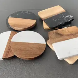 Eco Modern Customized Round and Square Natural Marble and Acacia Mixed Coasters Cup Trivet Pads & Mats