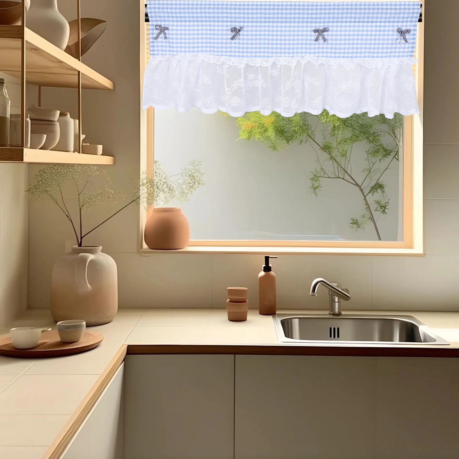 

1Pcs Blue Grid Lace Cafe Curtain Short Hanging Window Half Curtain for Kitchen Dining Room Stylish Home Decoration