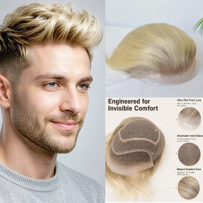 Human Remy Hair Mens Hair System Hair Piece Lace+Pu Hollywood Base 8x10 6inch Color T4-613 #613 In Stock