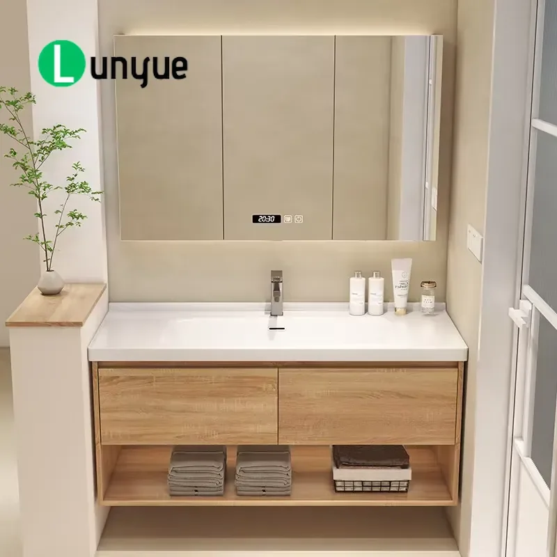 Japanese Style Solid Wood Bathroom Cabinet with Integrated Ceramic Wash Basin Wall Mounted LED Mirror for Villa Hotel Log