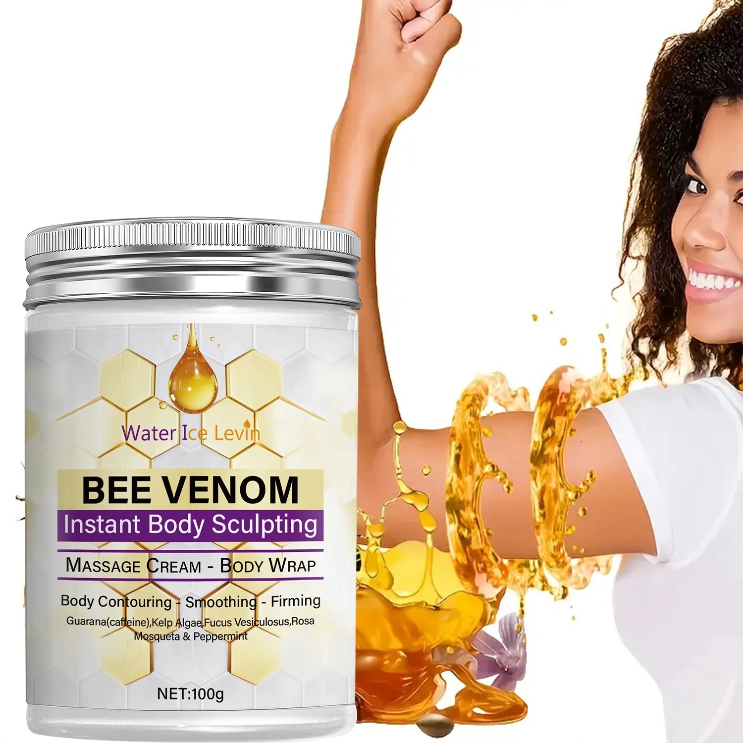 Crema para esculpir veneno de abeja, reafirma la piel cadiente. Cafetera Guarana, Kelp, Rosa. Contorno corporal, suaviza y reafirma.