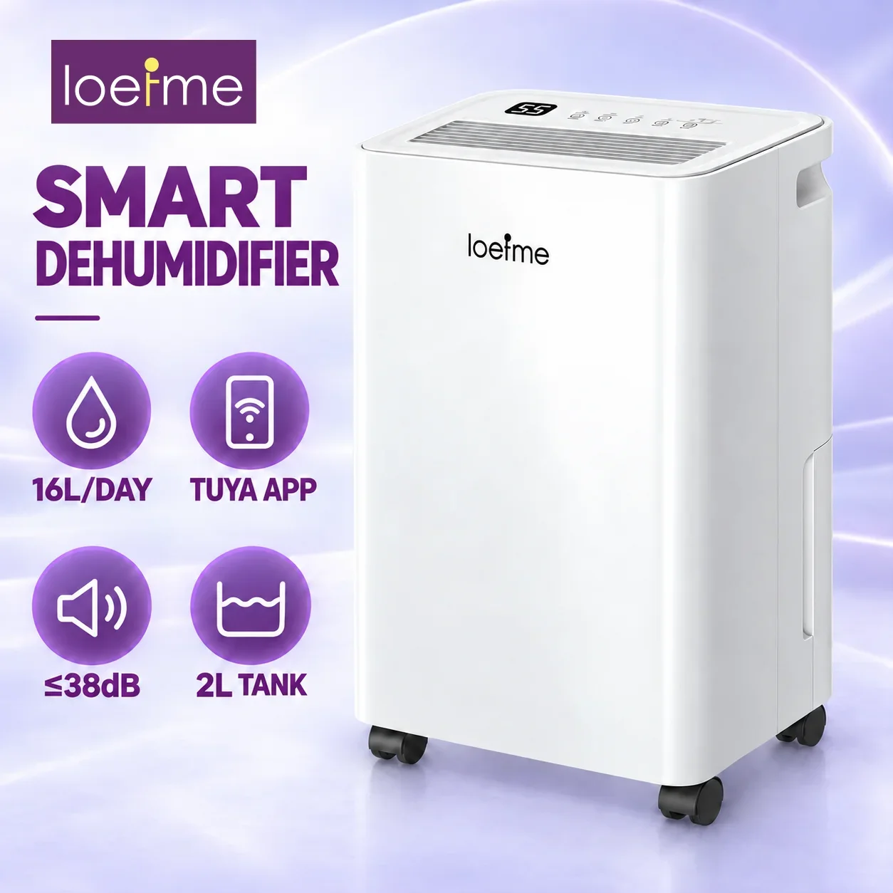 Deumidificatore intelligente LOEFME 16L/giorno con controllo dell'umidità tramite app Tuya, intervallo 20-90%, silenzioso 38dB, serbatoio da 2L, timer 24H, drenaggio continuo, dispositivo portatile
