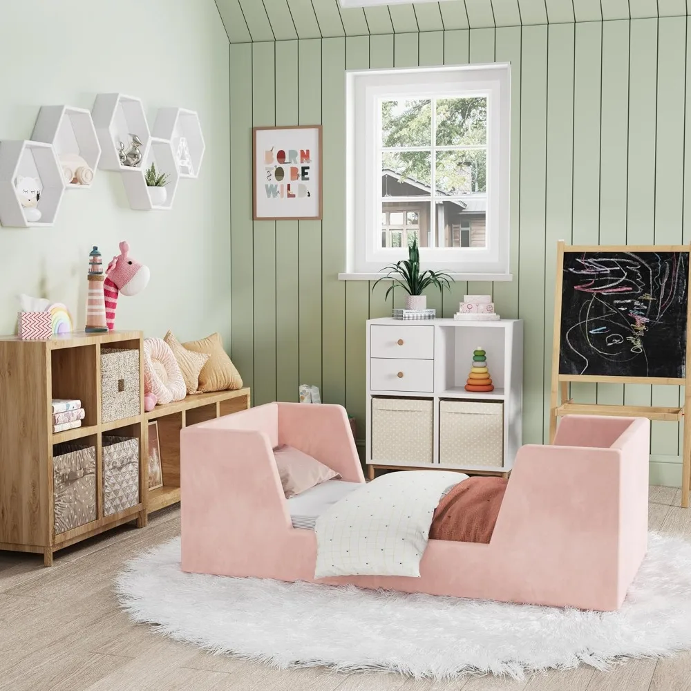 幼児用ベッド、ガードレール付き幼児用フロアベッドフレーム、2～6歳向け子供用ベッド、女の子と男の子向けの小さなベッド、標準サイズ